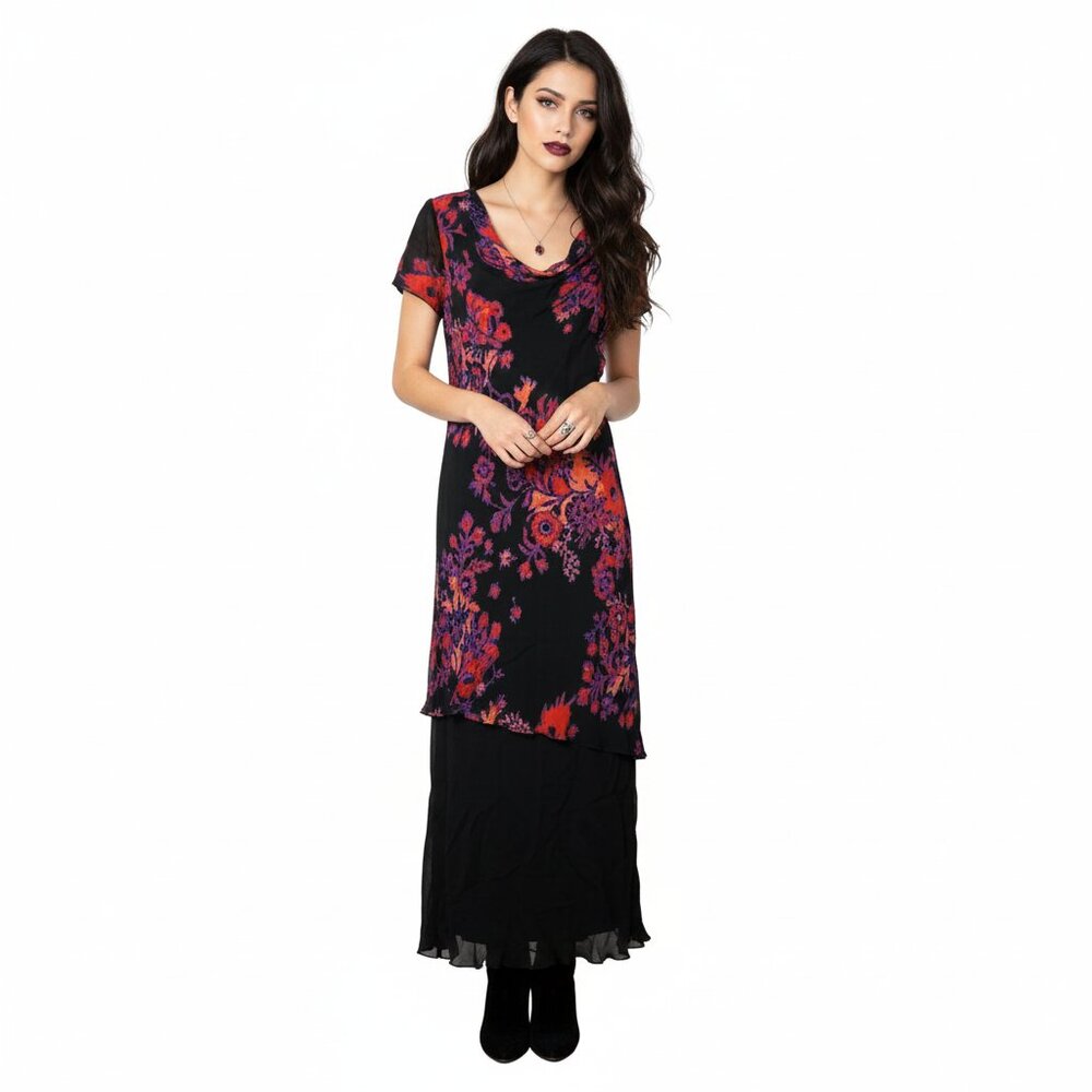 Eva Blue Dark Floral Maxi Dress 14 Y2K Asymmetrical‎ Boho Chic 90s Vamp Romantic